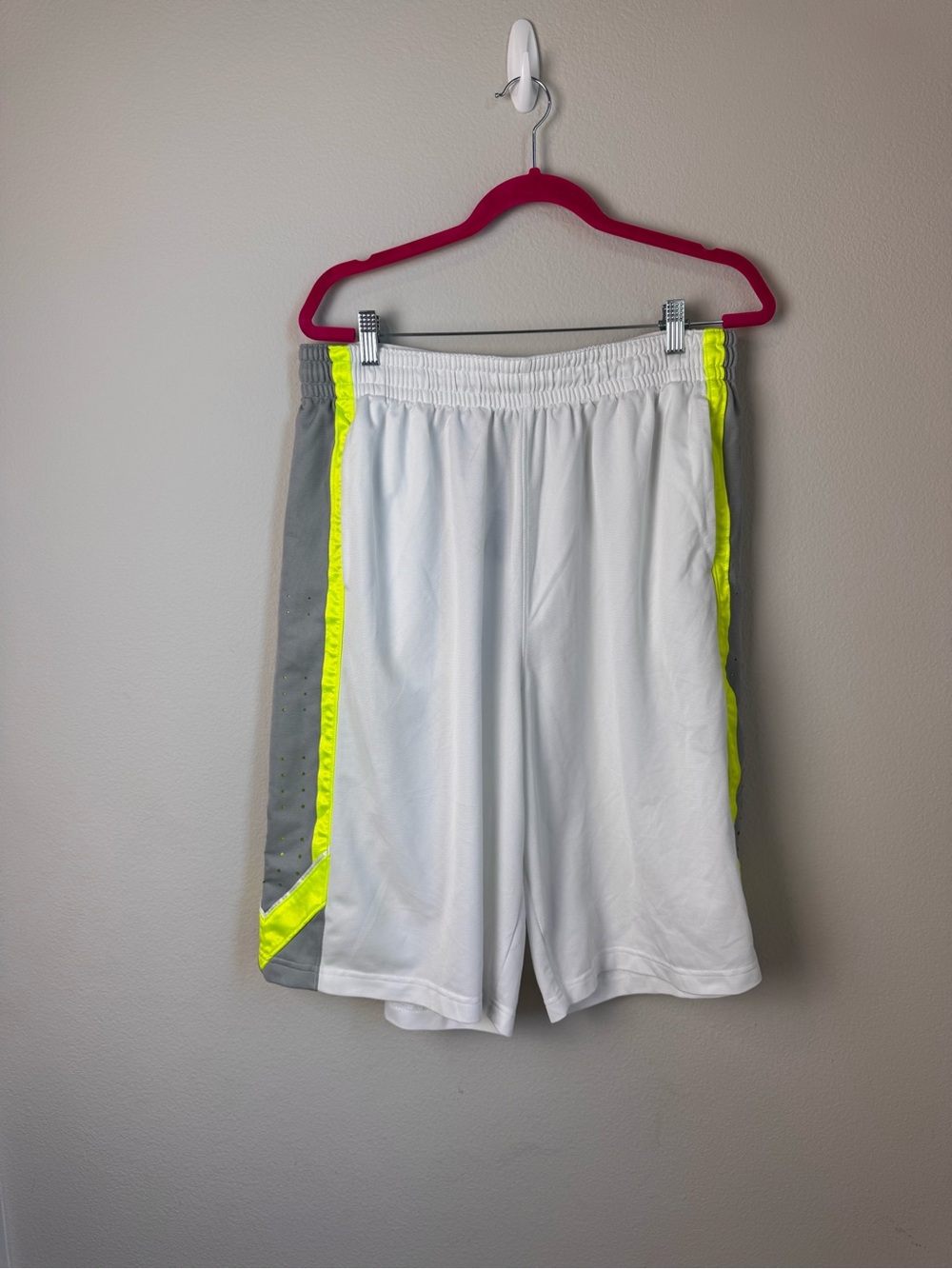 Nike White Athletic Shorts with Neon Yellow Trim and Gray Panels